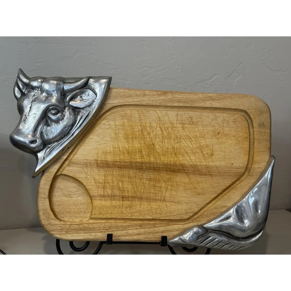 VTG Cow Bull Wood Pewter Cutting Board  Steak Tray Farmhouse Kitchen Decor 19